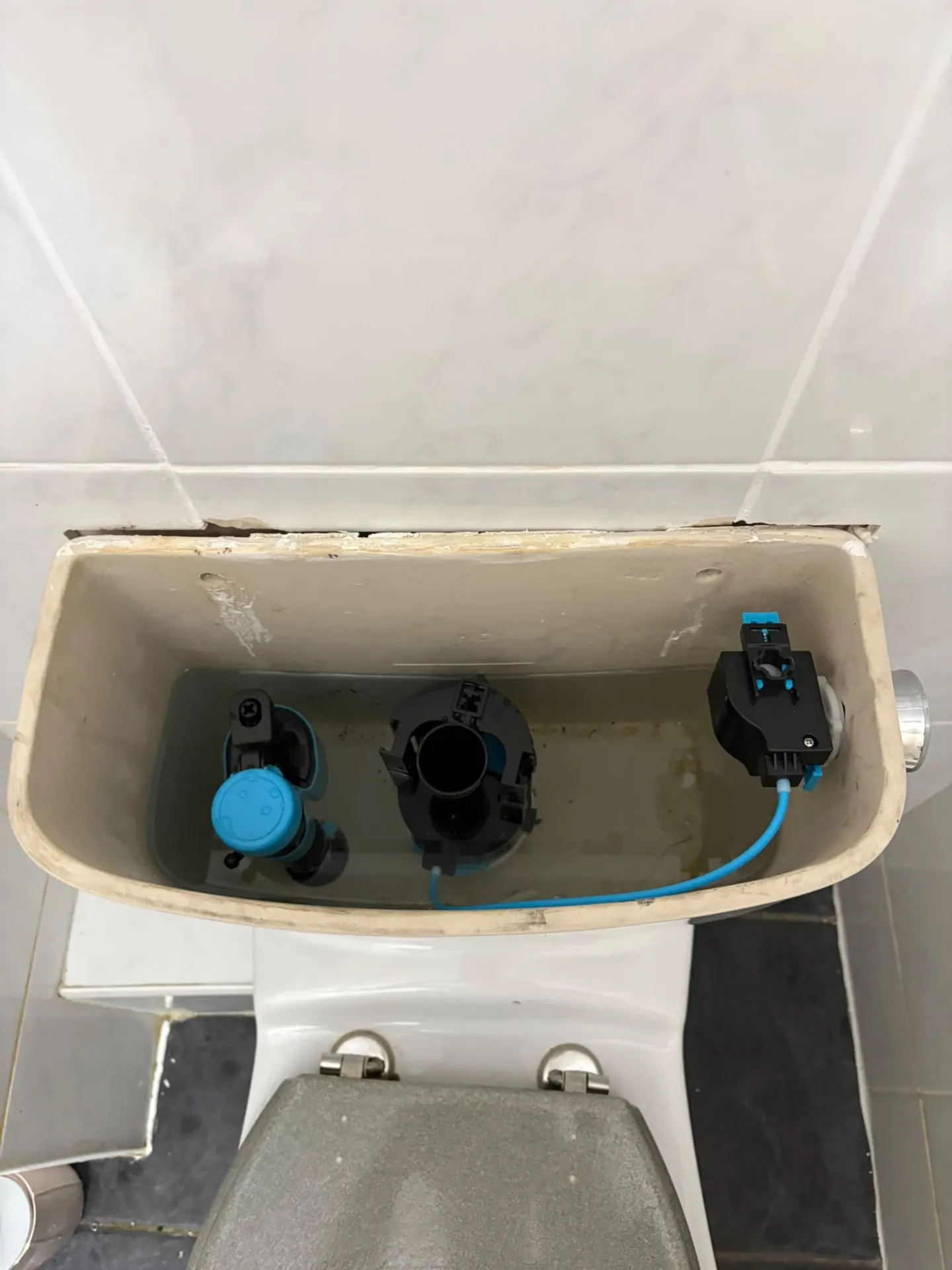 Toilet cistern repaired with a new flush valve and fill valve