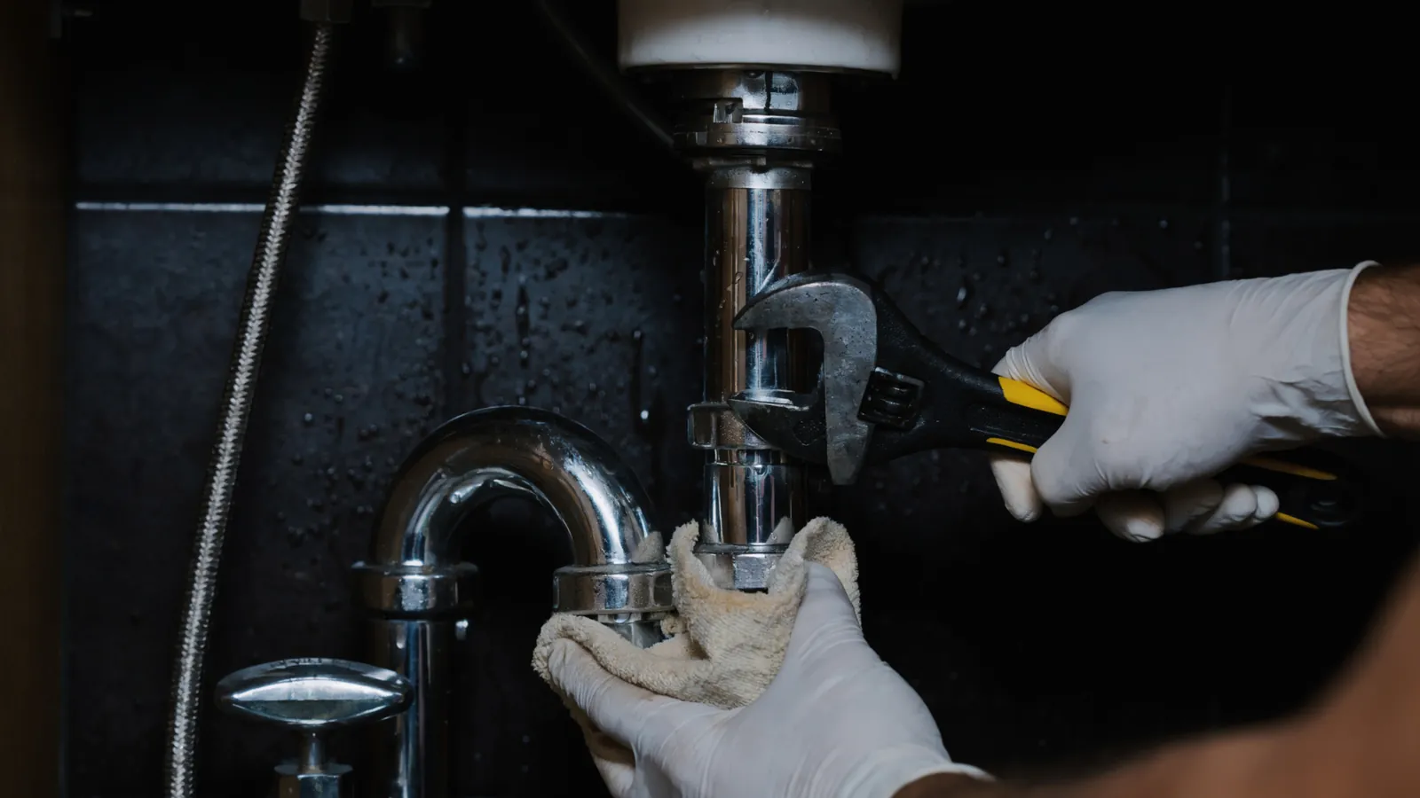 Plumber tightening a leaking chrome sink waste trap with an adjustable spanner
